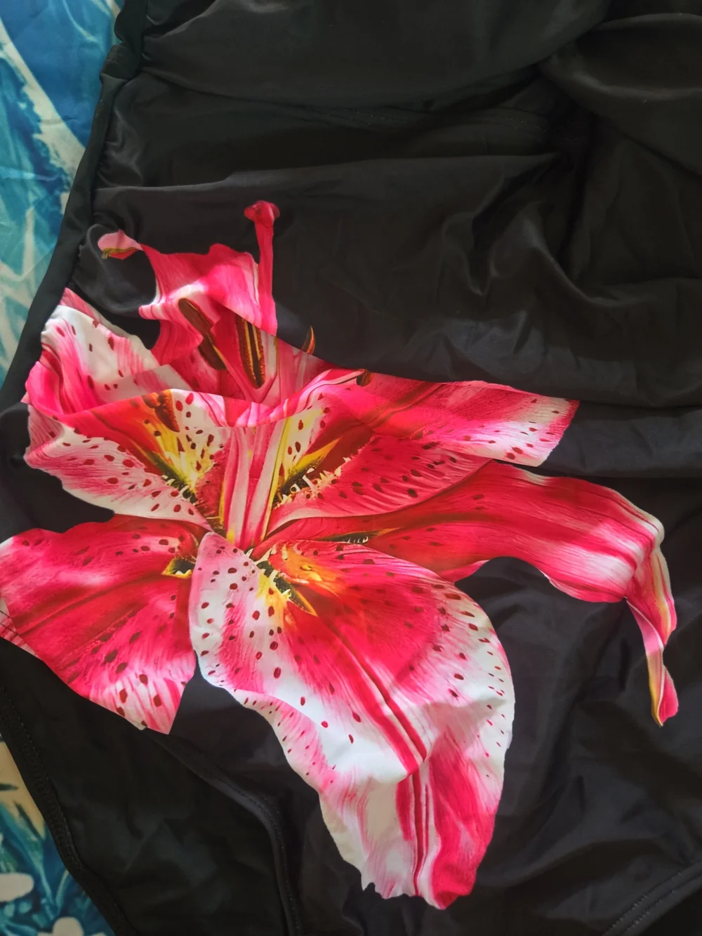 ☆Black One-Piece Swimsuit with Pink Floral Print XL